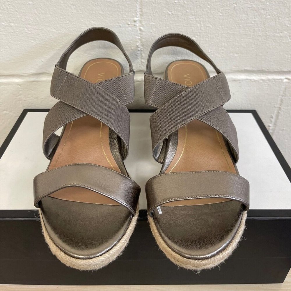 Vionic Ainsleigh Espadrile Wedge Heel Sandal Gold Leather Cross Strap Women's 11